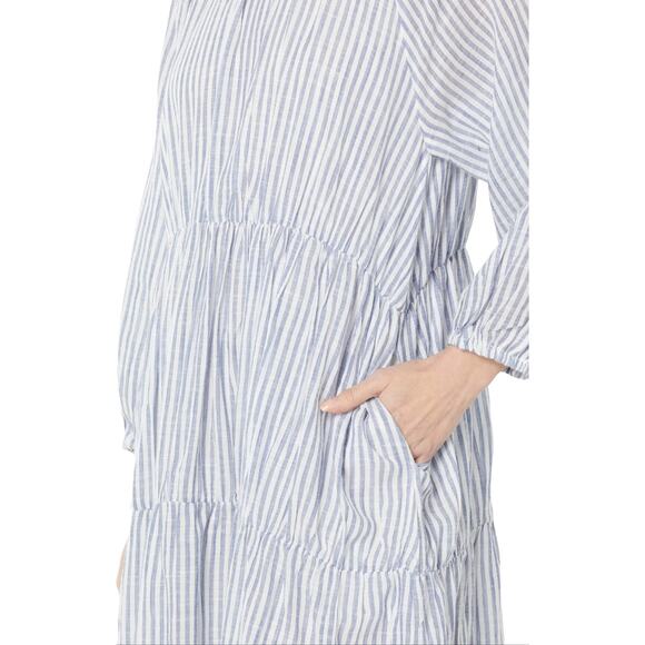 SUNDRY Stripe Woven Cotton Tiered Maxi Dress Pockets White Navy Womens Sz Small - Picture 3 of 16